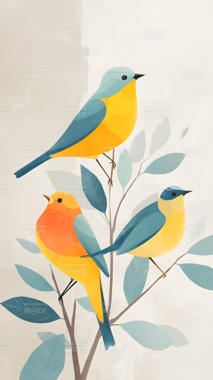 枝头三只小鸟的静谧图片