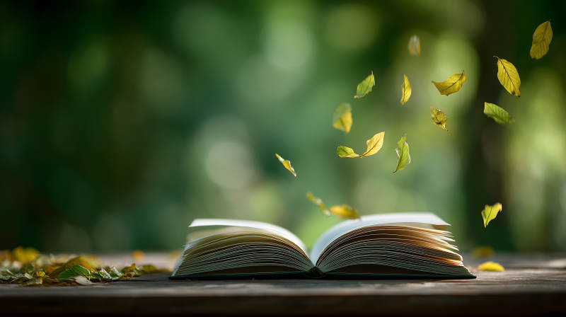 秋叶飘落书页翻开图片