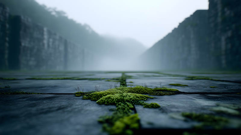 雾中青苔石板路图片
