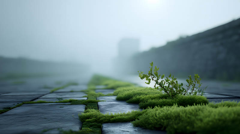 雾霭沉沉小草顽强图片