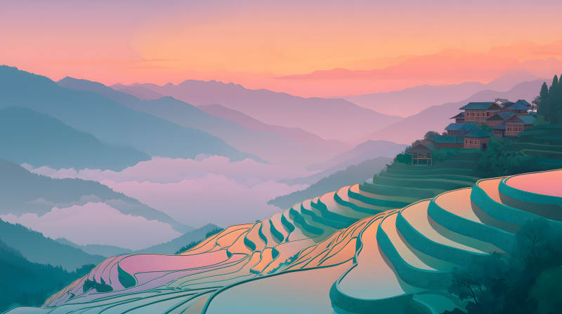 日落下的梯田村庄图片