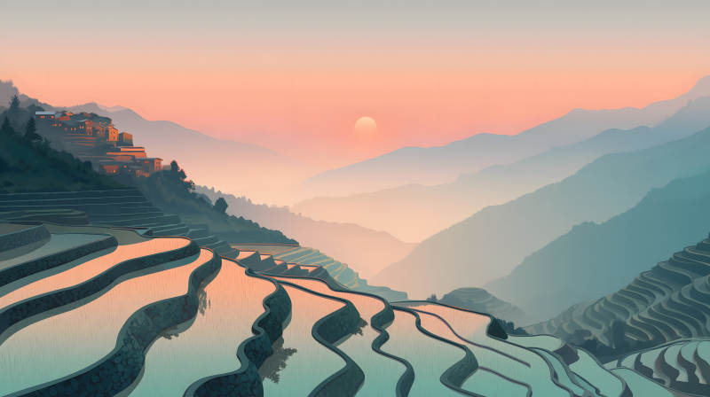 日落下的梯田美景图片