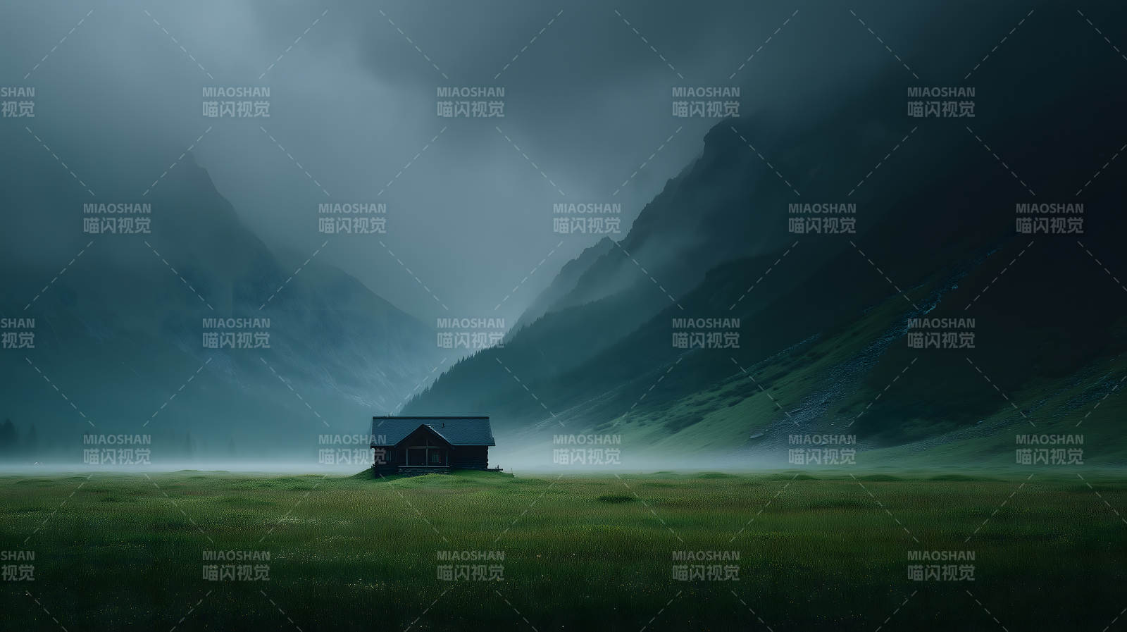 山谷中静谧的小木屋图片