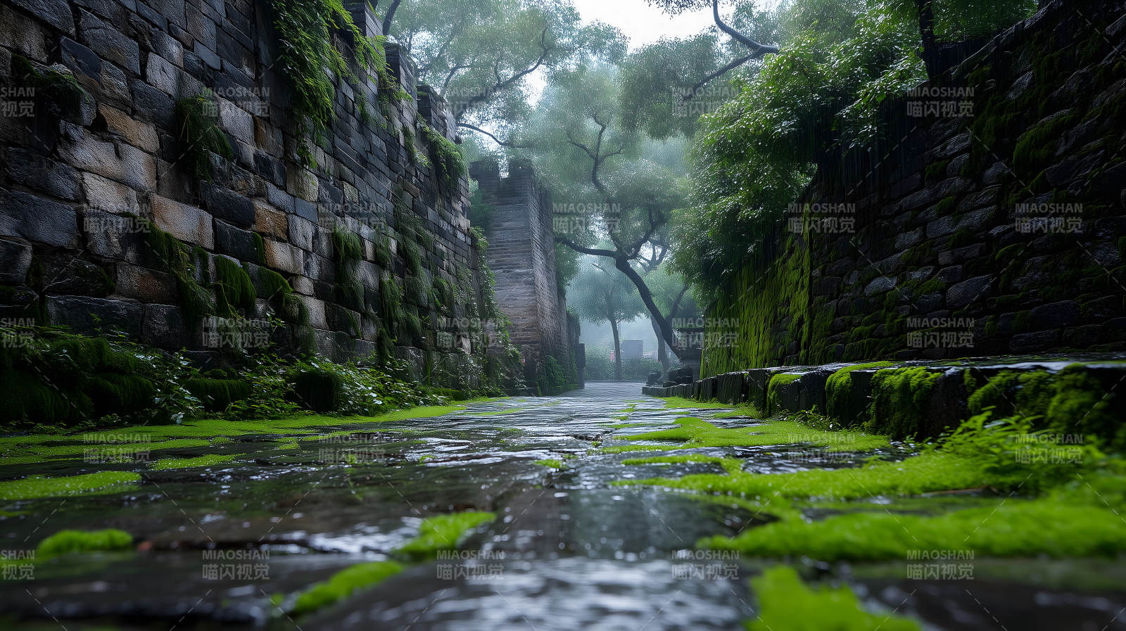 雨后古城青苔小路图片