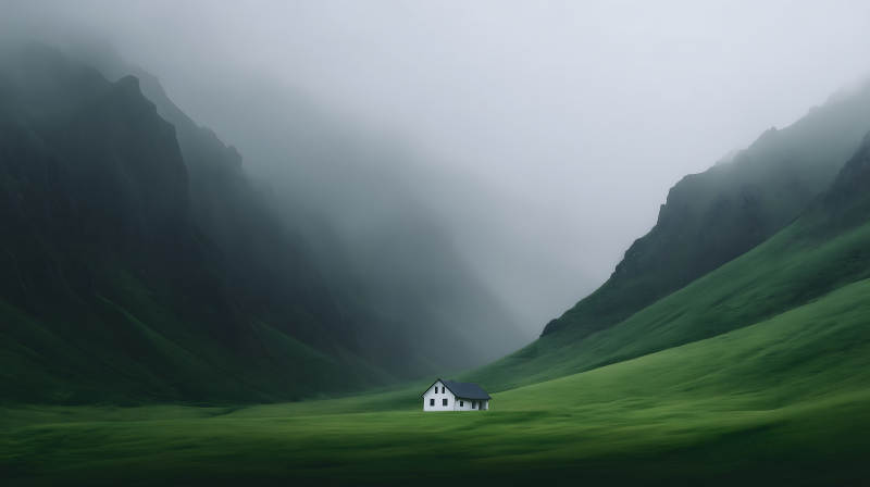 雾锁山谷间的静谧小屋图片