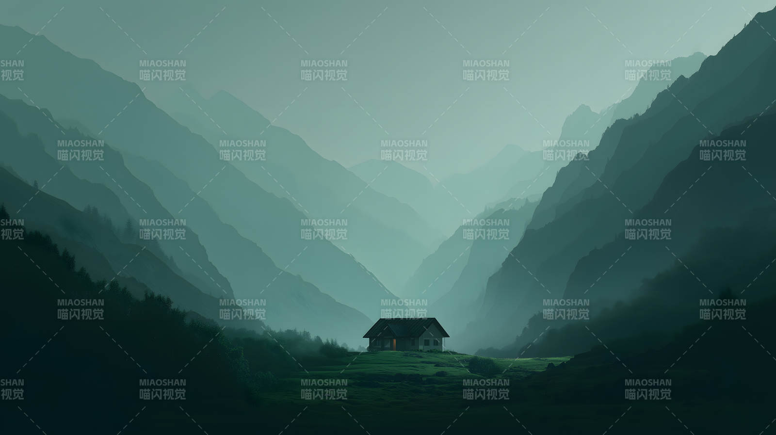 幽静山谷中的小屋图片