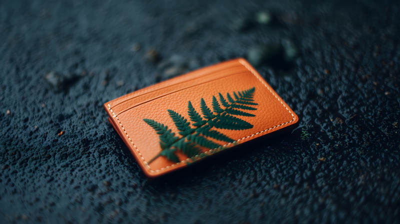 橙色皮革卡包与蕨叶图片