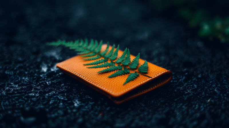 橙色皮革钱包与绿叶图片