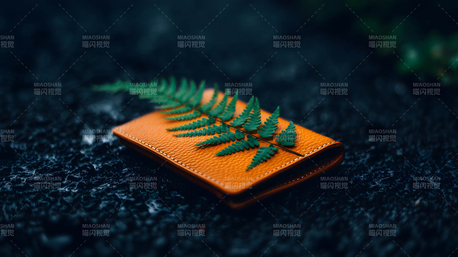 橙色皮革钱包与绿叶图片