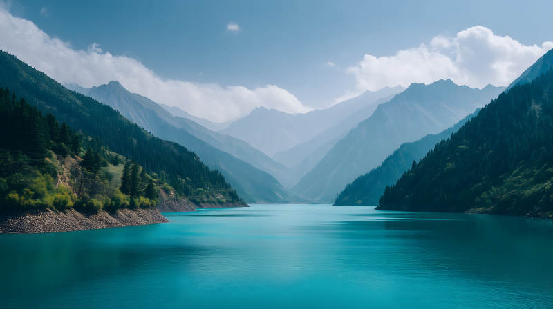 碧蓝湖泊与巍峨山峦图片