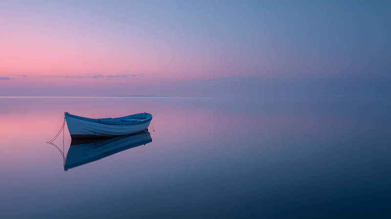 平静的日出与小船图片