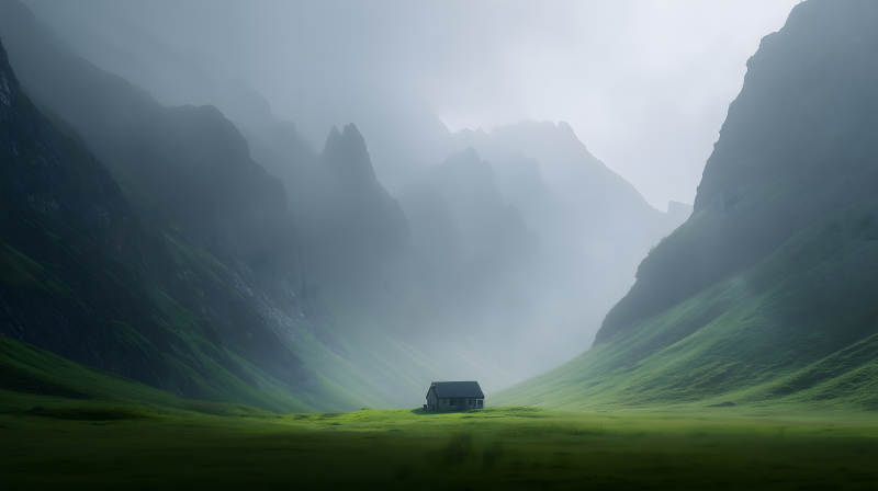 山谷中的静谧小屋图片