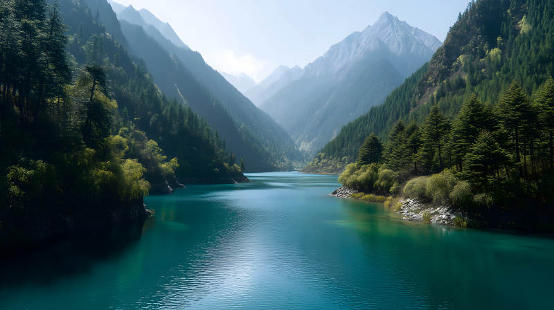 碧绿湖泊与巍峨山峦图片