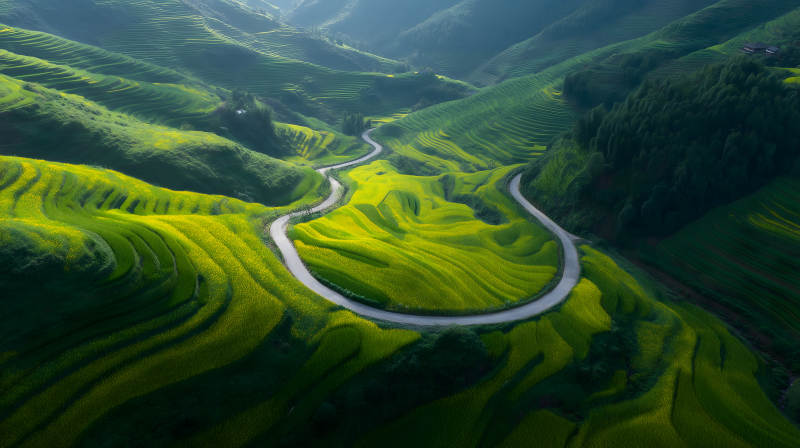 蜿蜒山路与梯田风光图片