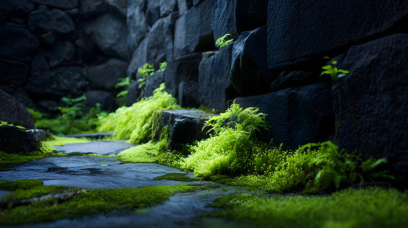 青苔石墙间的宁静角落图片