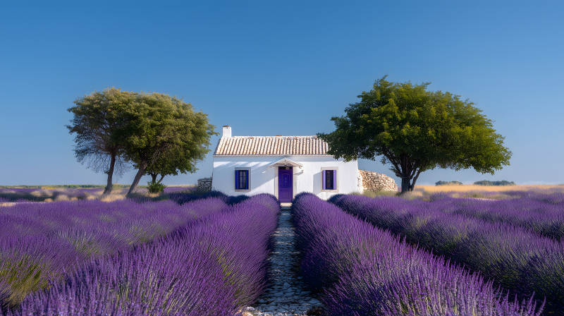 薰衣草田园中的白色小屋图片