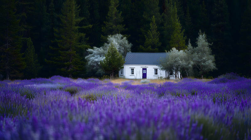 薰衣草田里的白色小屋图片