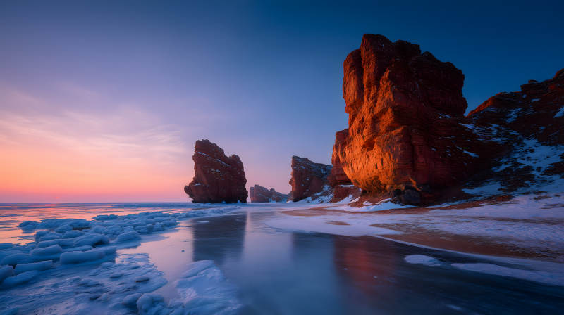 冬日日出下的红岩峭壁图片