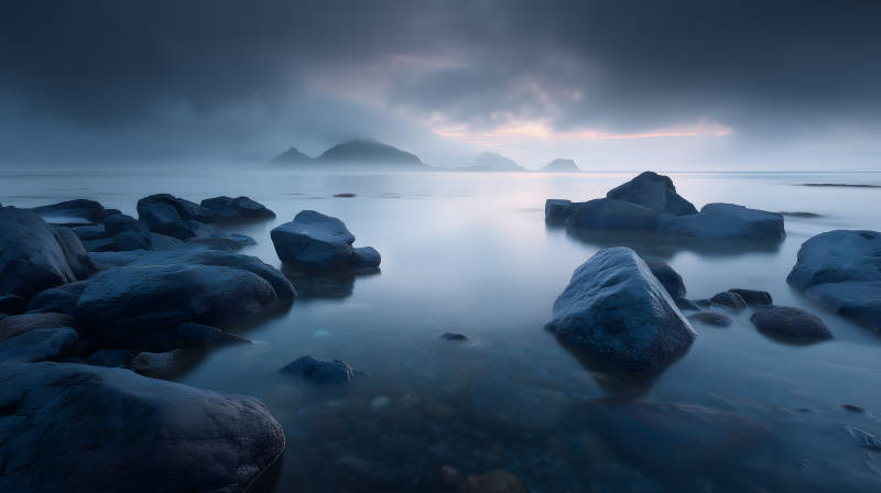 宁静海边礁石与远山图片