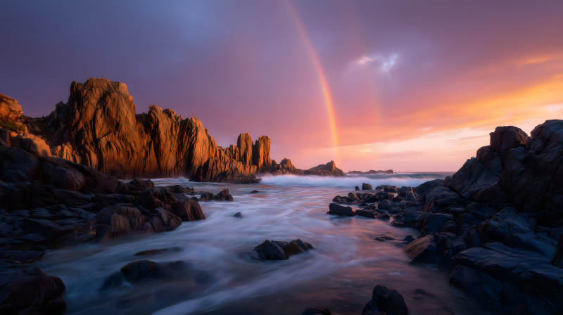 彩虹落日下的礁石海岸图片