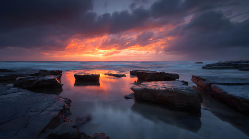 日落海滩礁石奇观图片