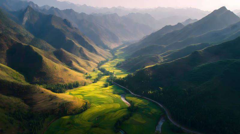 山谷梯田的金色朝阳图片