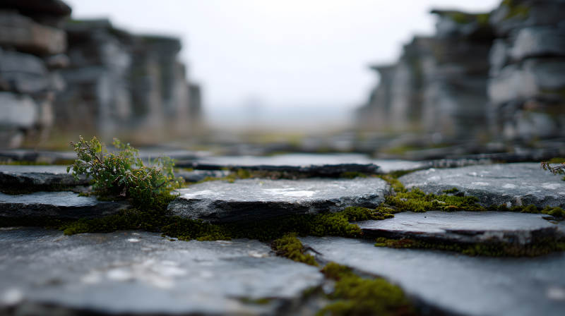 古老石板路上的生命图片