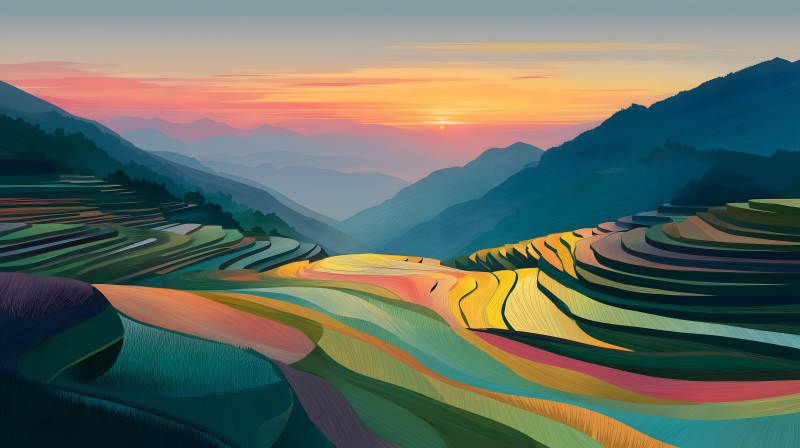 日落下的梯田美景图片