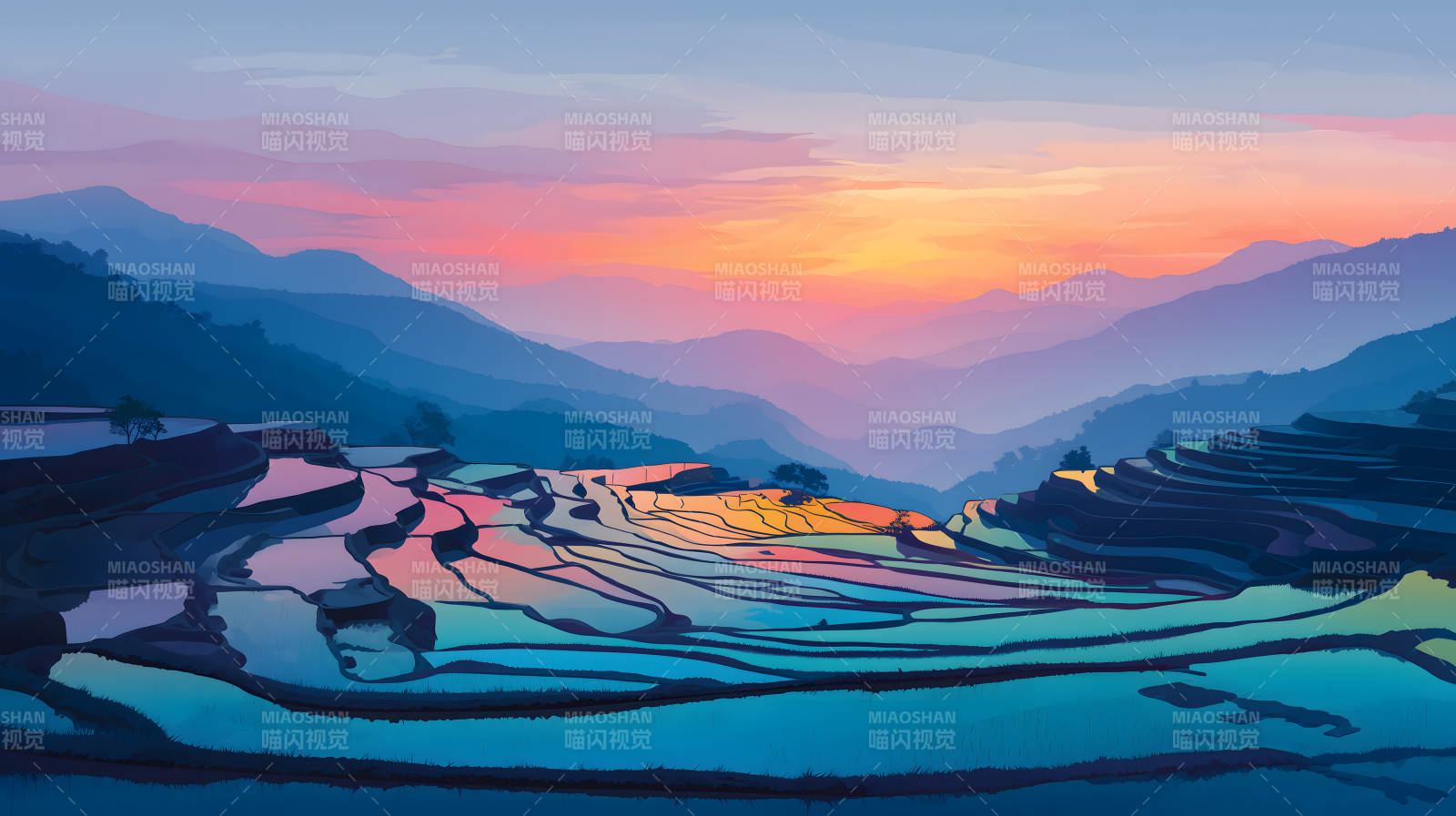 日落下的梯田美景图片