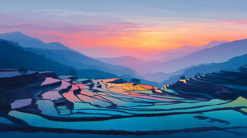 日落下的梯田美景图片