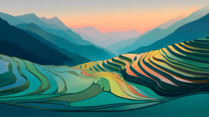 梯田山峦的日落景色图片