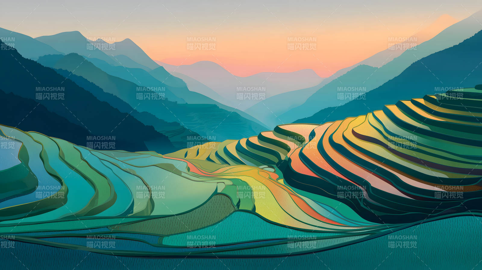 梯田山峦的日落景色图片