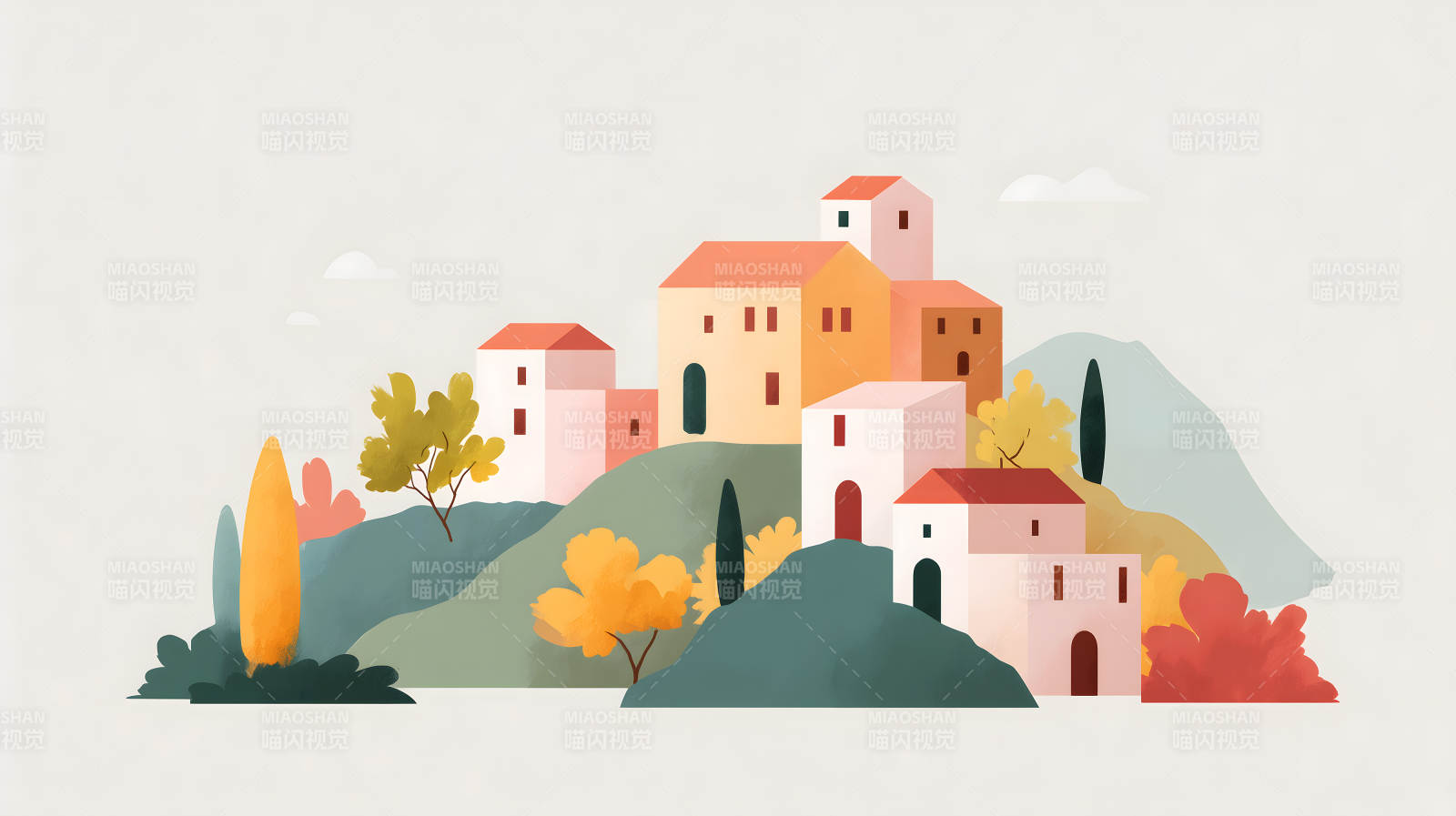 山丘上的彩色小镇图片