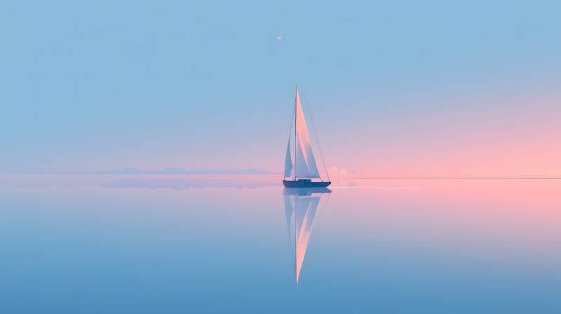 平静的日落与孤帆图片