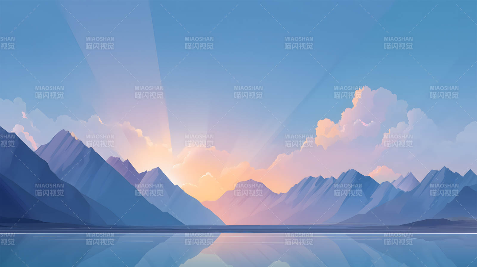 宁静祥和的山湖日出图片