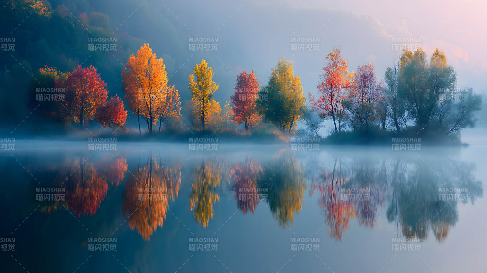 秋日薄雾中的倒影图片