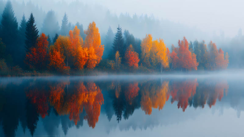 秋日雾霭中的湖光山色图片