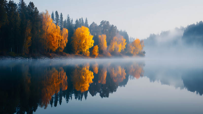 秋日晨雾中的湖光山色图片