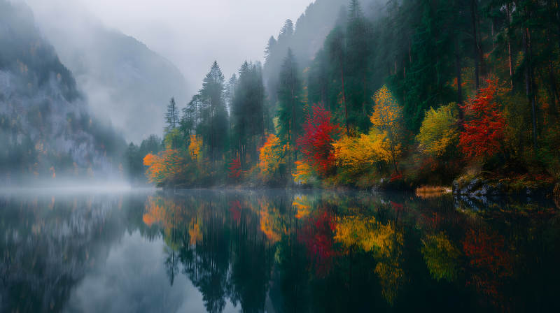 秋日湖泊山峦美景图片