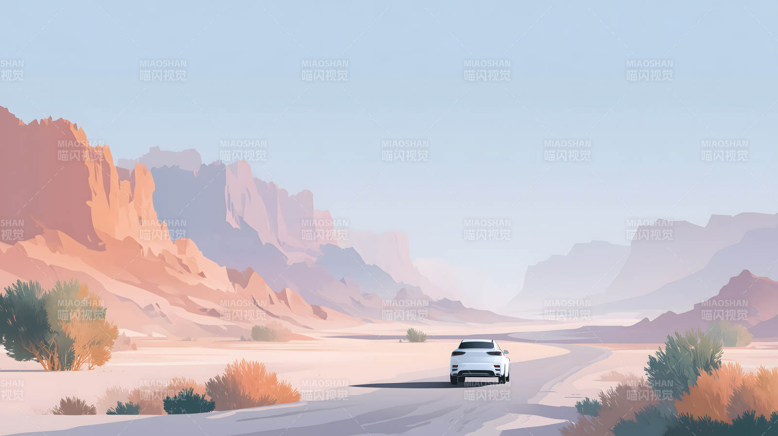 荒漠公路上的白色汽车图片