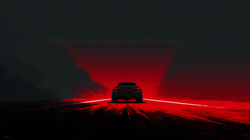 暗夜红光中的孤车图片