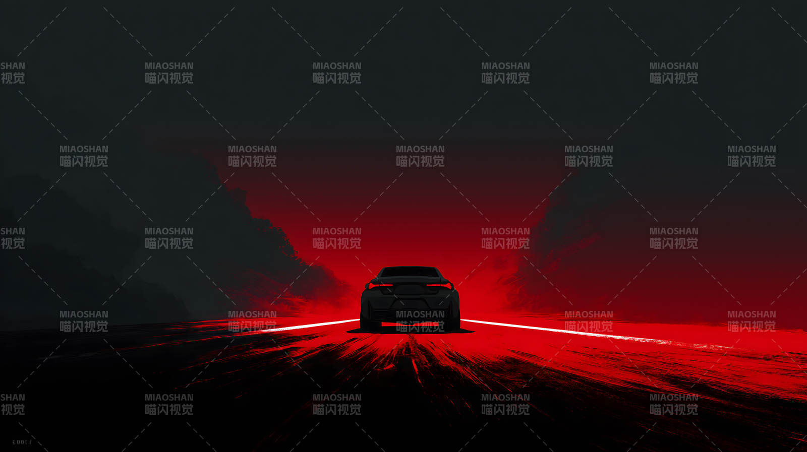 暗夜红光中的孤车图片