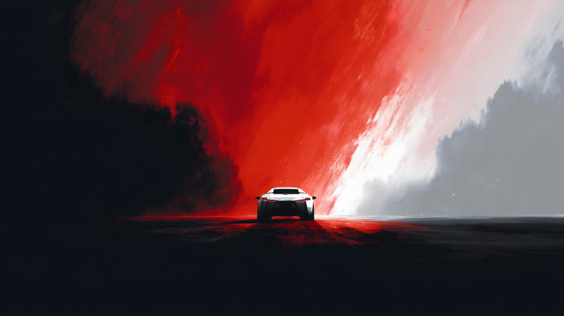 红色天空下的白色跑车图片
