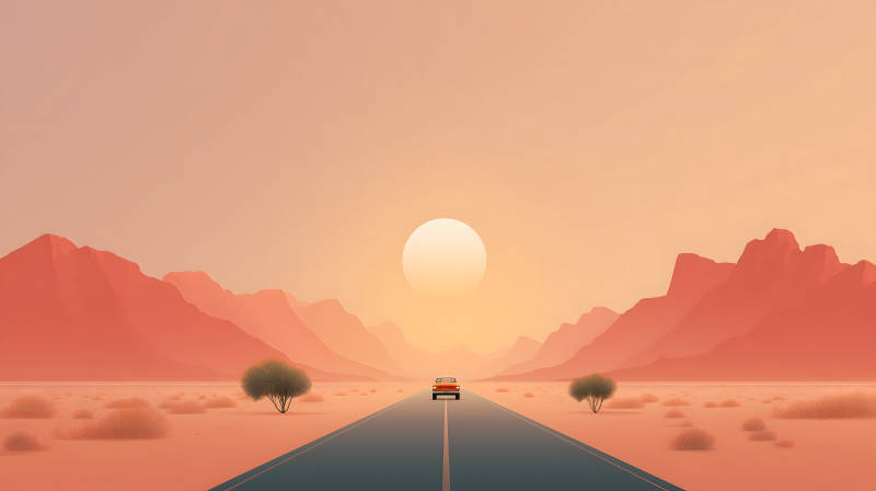 沙漠公路上的夕阳旅程图片
