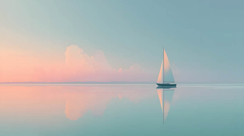 平静湖面上的孤独帆船图片