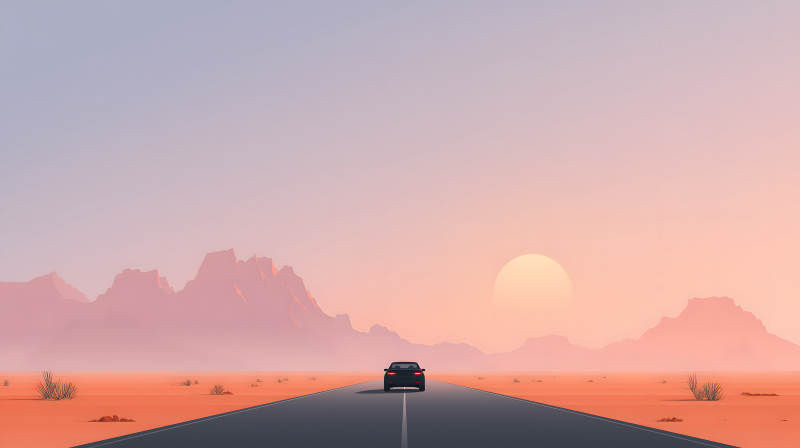 落日下的沙漠公路图片