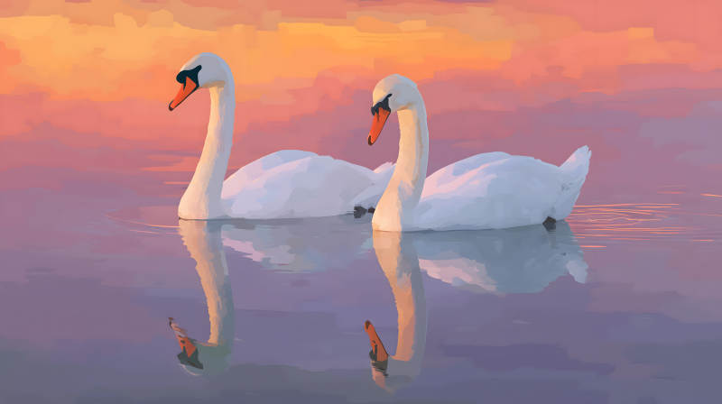 日落时分，一对白天鹅图片