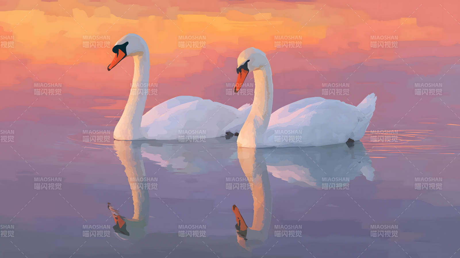 日落时分，一对白天鹅图片