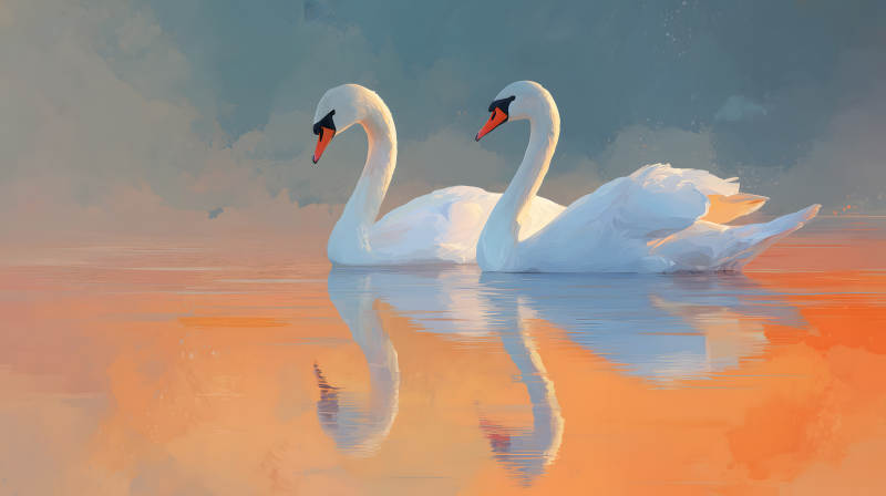 日落时分，一对优雅的天鹅图片