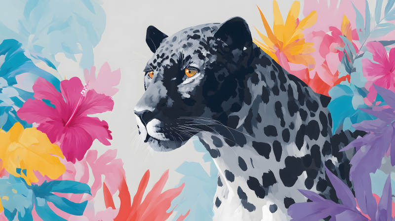 黑豹与热带花卉的邂逅图片